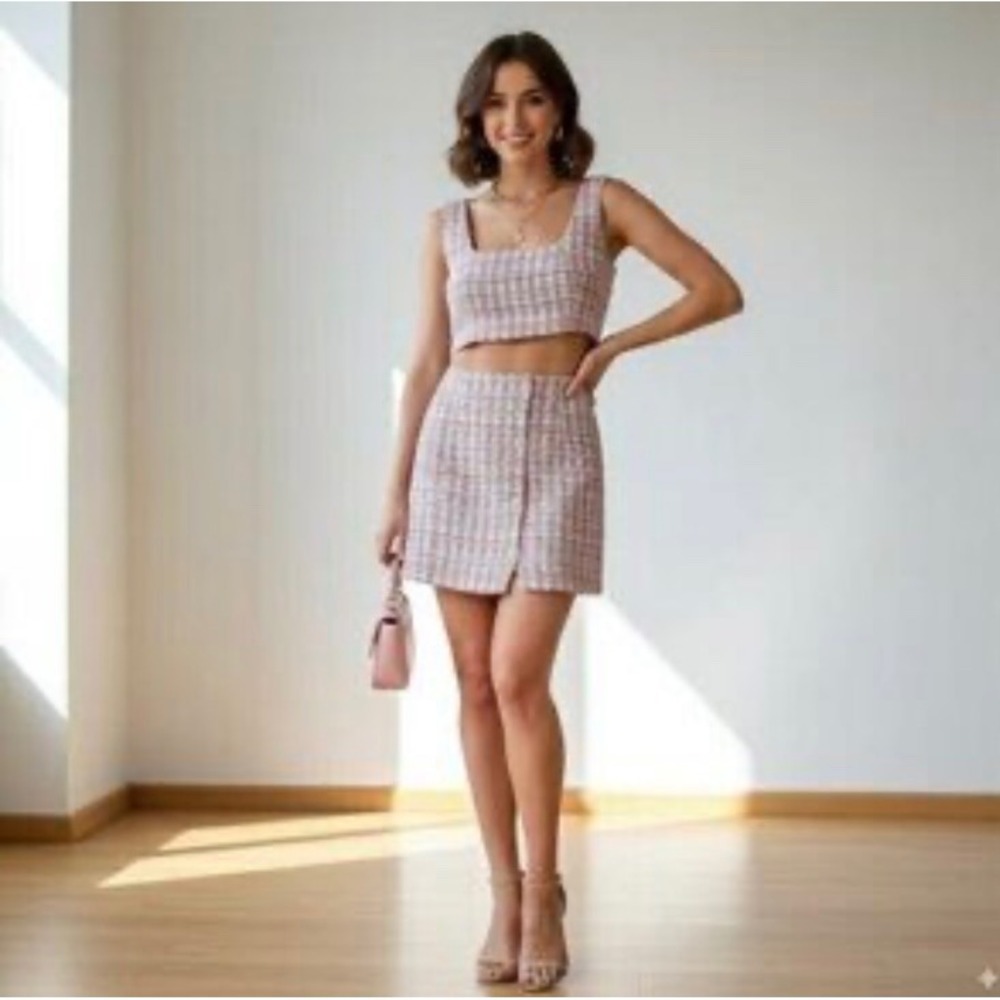 House of Harlow 1960 Pixie Dust Pink 2 Piece Crop Top Mini Skirt Pearl Button S - Picture 2 of 16